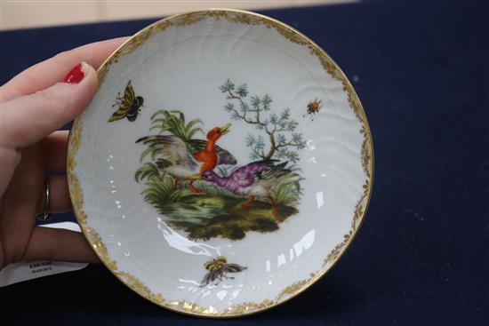 A Berlin cup and saucer, painted with birds and insects